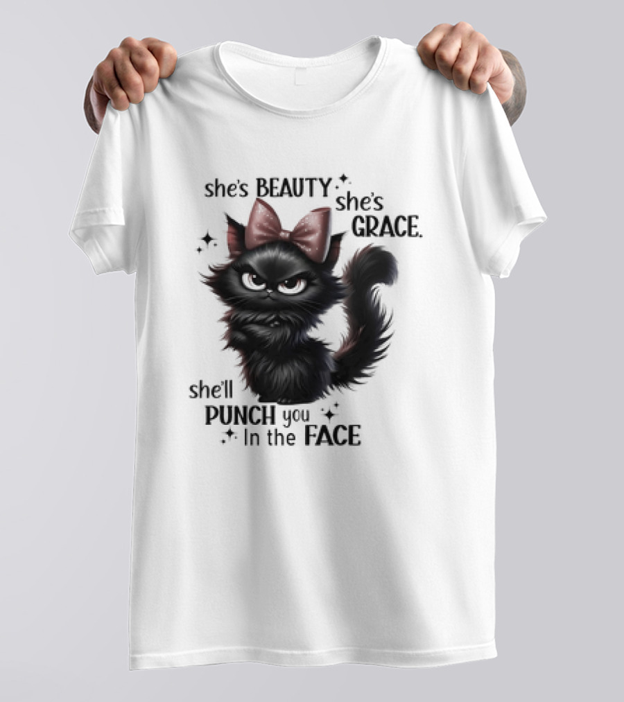 She's Beauty She's Grace She'll Punch You In The Face Black Cat With Bow And Sparkles T-Shirt