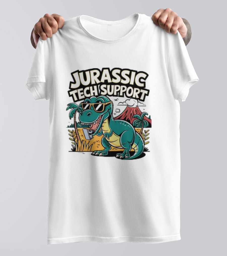 Jurassic Tech Support Dinosaur With Sunglasses And Volcano T-Shirt