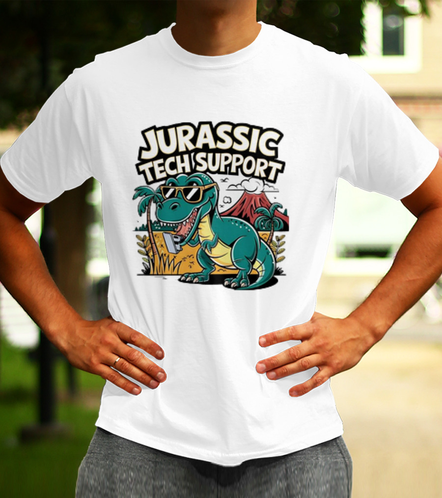 Jurassic Tech Support Dinosaur With Sunglasses And Volcano T-Shirt