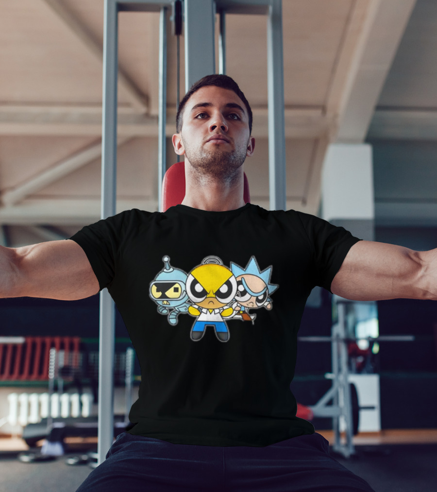 Bender Homer Rick Powerpuff Girls Drunkenpuff Guys Crossover T-Shirt