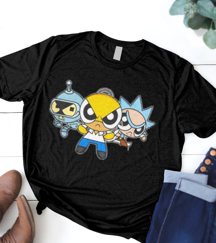 Bender Homer Rick Powerpuff Girls Drunkenpuff Guys Crossover T-Shirt
