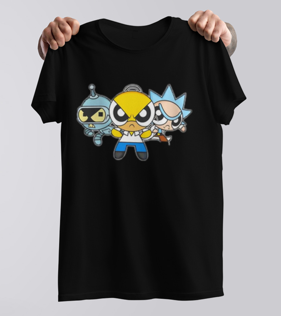 Bender Homer Rick Powerpuff Girls Drunkenpuff Guys Crossover T-Shirt