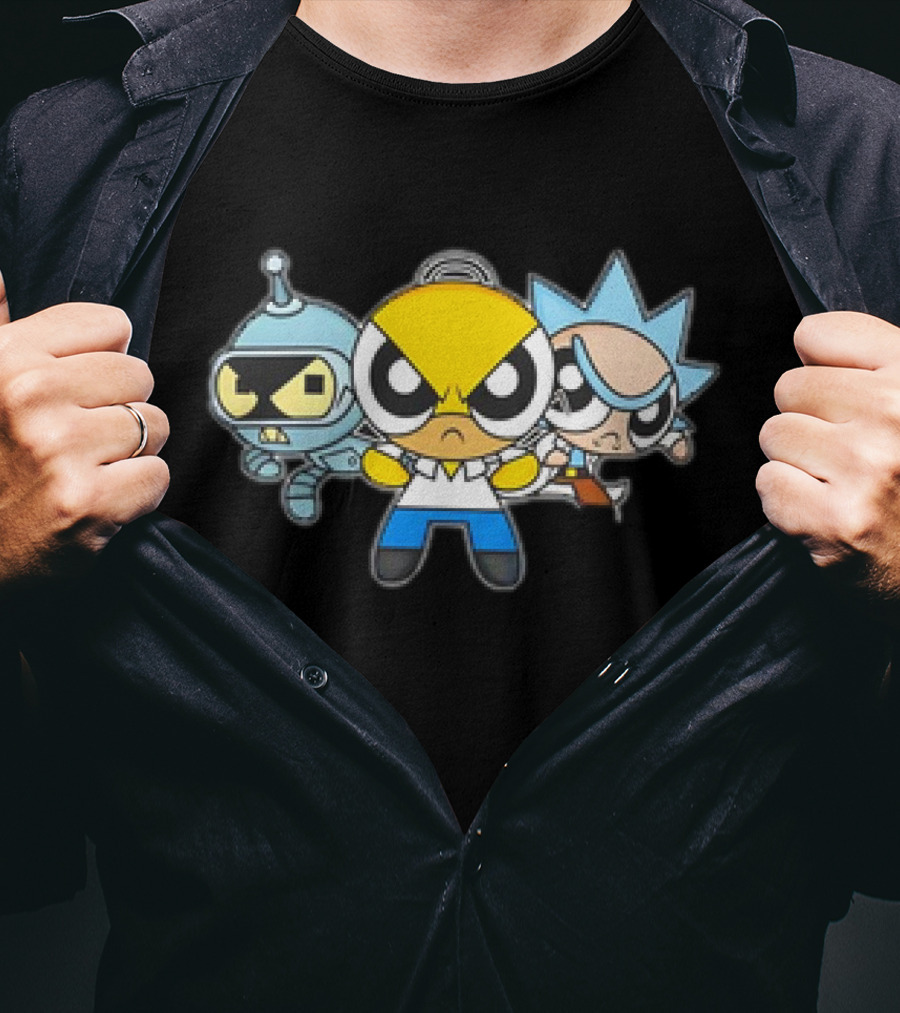 Bender Homer Rick Powerpuff Girls Drunkenpuff Guys Crossover T-Shirt