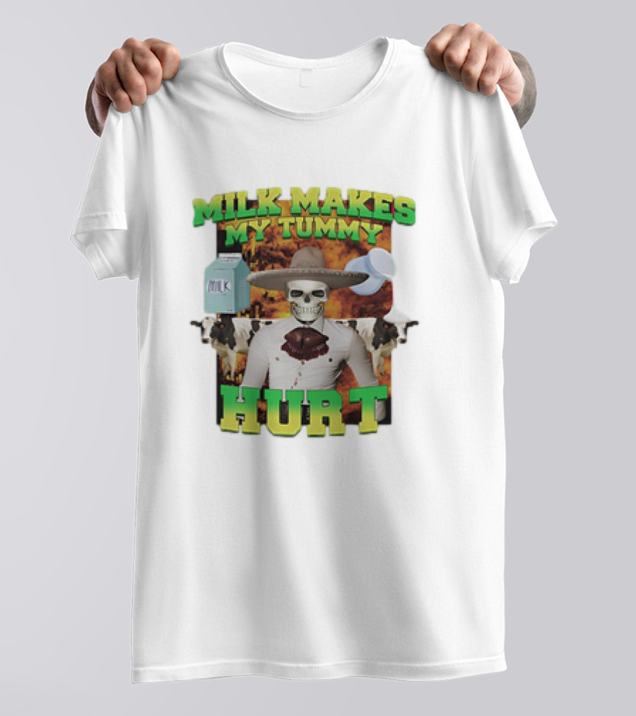 Milk Makes My Tummy Hurt Skeleton Cowboy Meme With Milk Jug And Cows T-Shirt