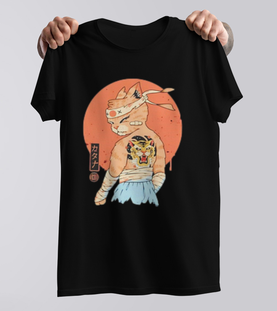 Samurai Cat Katana Battle Damage Japanese Tiger Tattoo T-Shirt