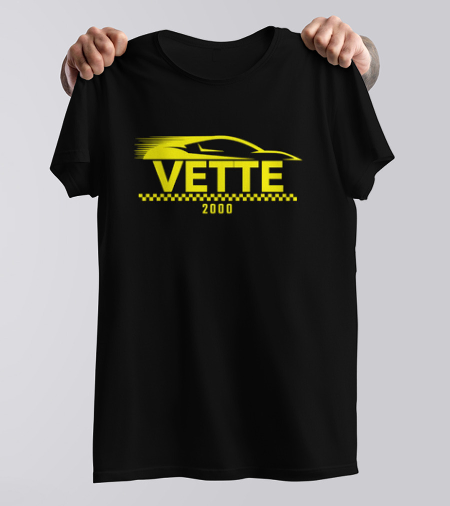 Vette 2000 Sports Car Yellow Silhouette And Checkered Stripe T-Shirt