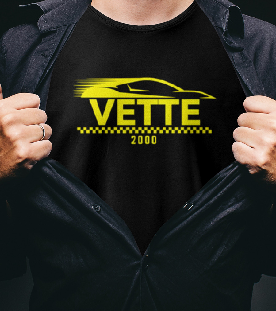 Vette 2000 Sports Car Yellow Silhouette And Checkered Stripe T-Shirt