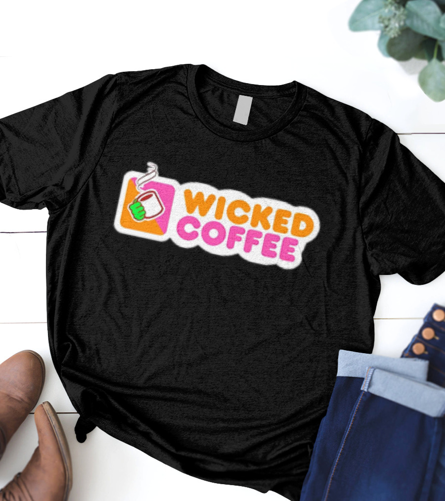 Wicked Coffee With Steaming Cup Emoji In Bold Pink And Orange Letters T-Shirt