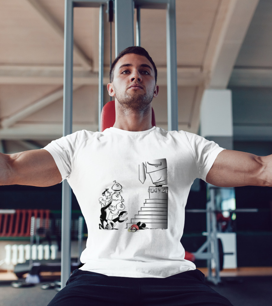 Mickey Mouse Money Bags Cartoon Stairs Political Satire T-Shirt