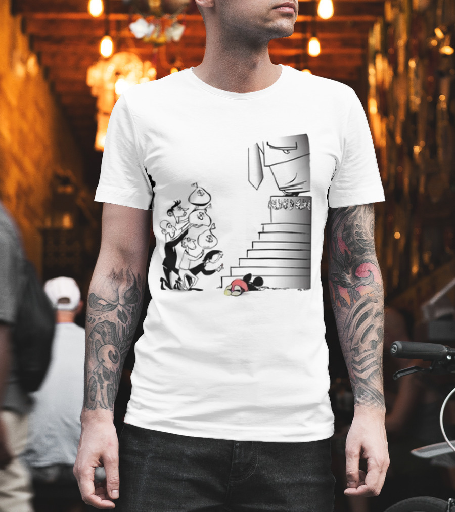 Mickey Mouse Money Bags Cartoon Stairs Political Satire T-Shirt