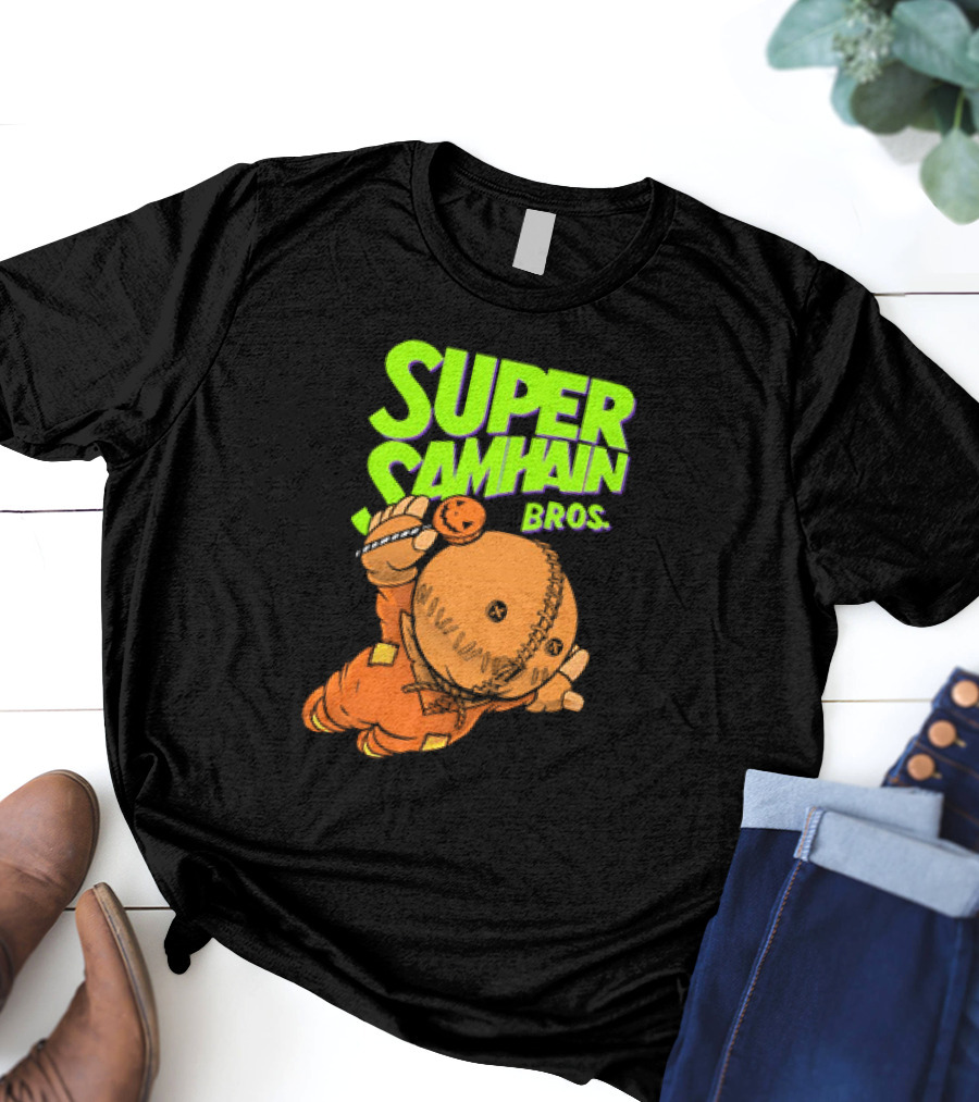 Super Samhain Bros Trick ‘r Treat Sam Icon In Pumpkin Suit With Green And Orange Highlights T-Shirt