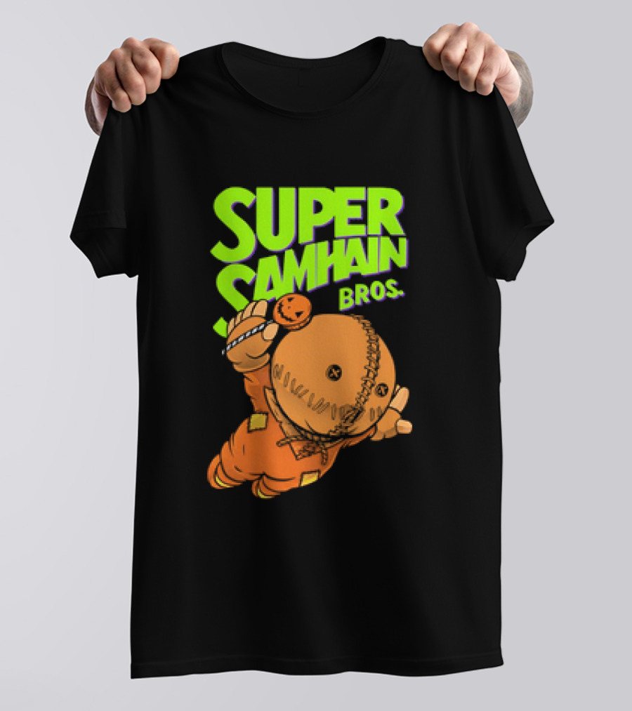 Super Samhain Bros Trick ‘r Treat Sam Icon In Pumpkin Suit With Green And Orange Highlights T-Shirt
