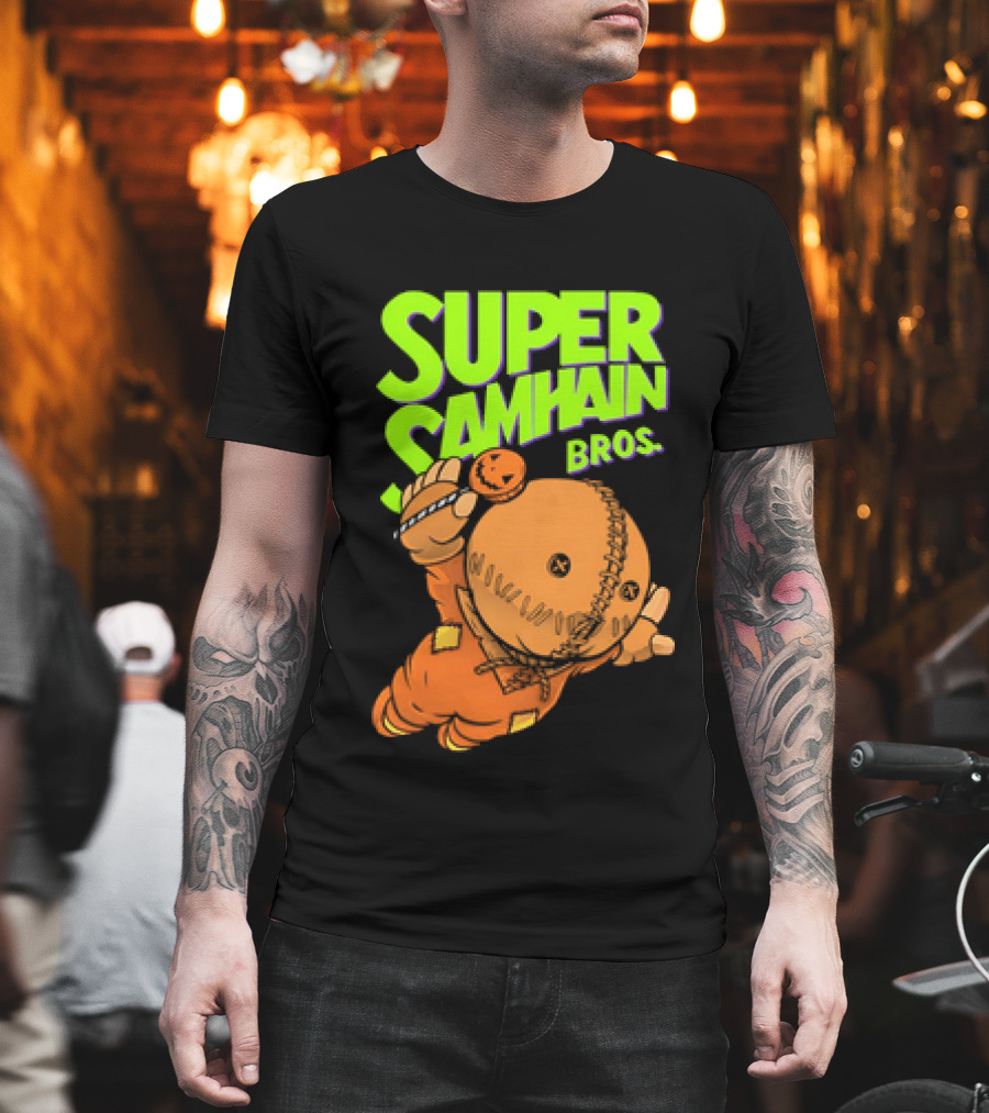 Super Samhain Bros Trick ‘r Treat Sam Icon In Pumpkin Suit With Green And Orange Highlights T-Shirt