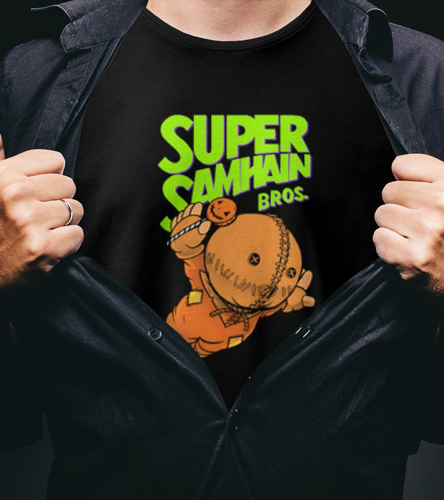 Super Samhain Bros Trick ‘r Treat Sam Icon In Pumpkin Suit With Green And Orange Highlights T-Shirt