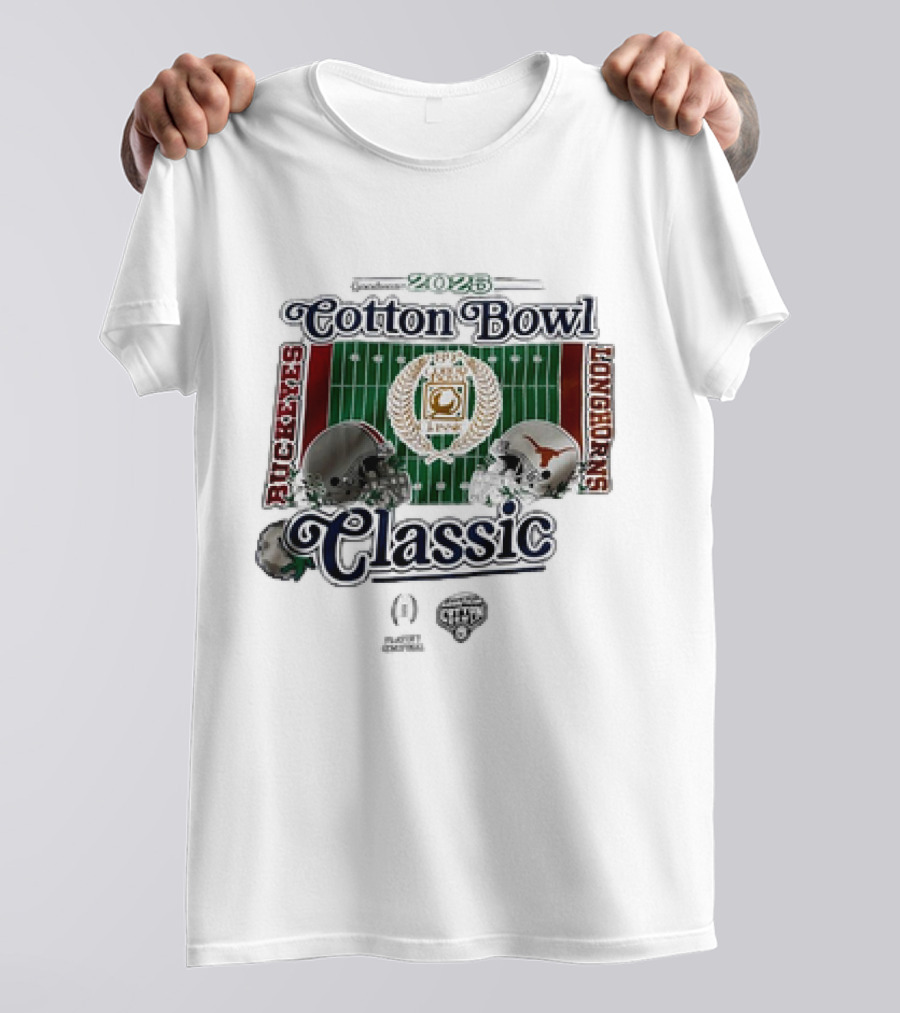 Playoff Central Ohio State Buckeyes Versus Texas Longhorns 2025 Cotton Bowl Classic Helmet Matchup T-Shirt