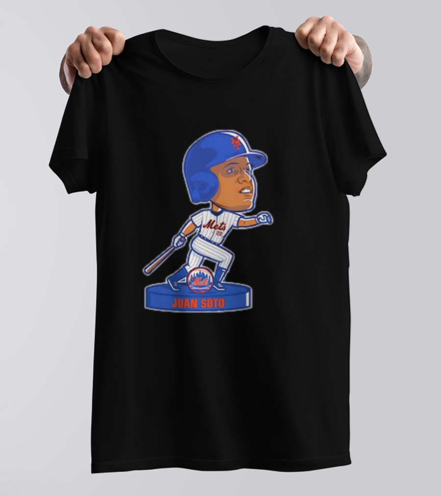 Juan Soto New York Mets Bobblehead Cartoon Mets Logo Baseball T-Shirt