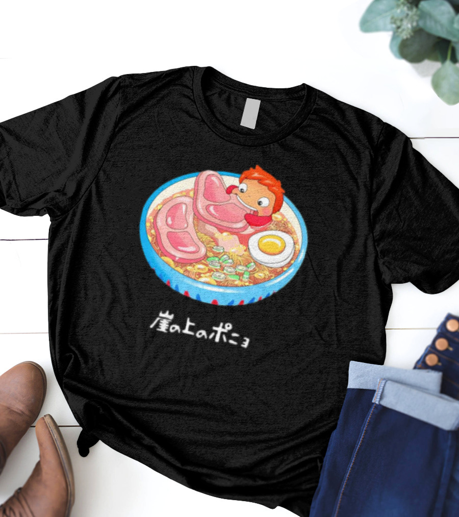 Ponyo Swims In Ramen Bowl With Egg And Noodles Japanese Text T-Shirt