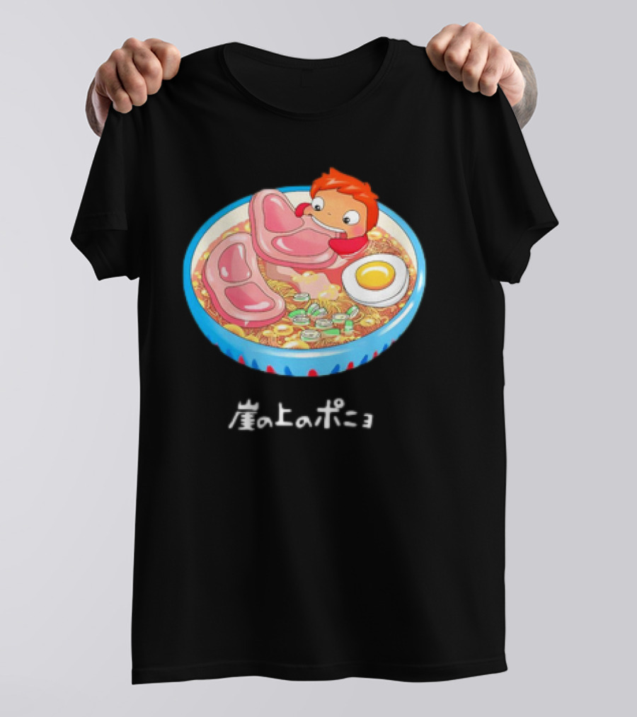 Ponyo Swims In Ramen Bowl With Egg And Noodles Japanese Text T-Shirt