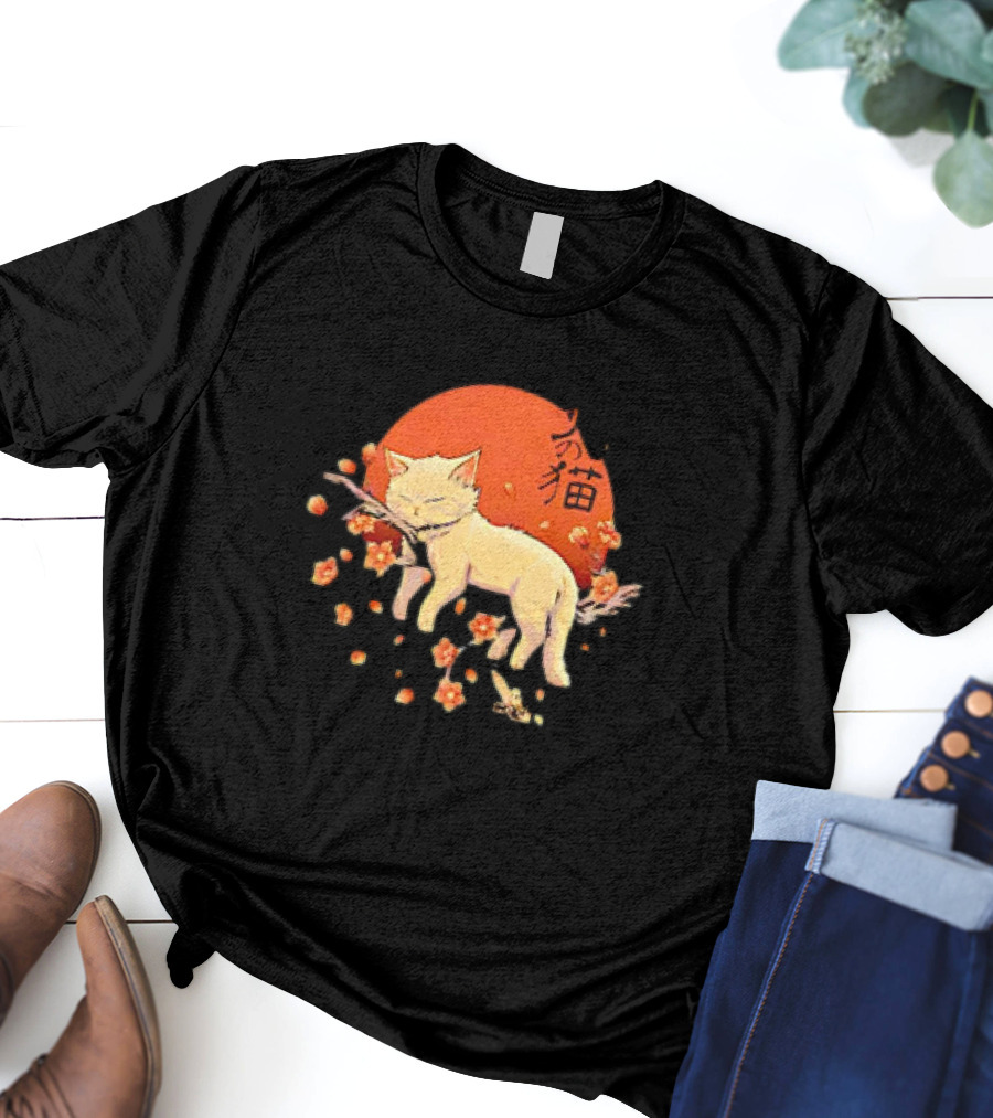 Sleeping Cat With Blossoms Under Red Sun T-Shirt