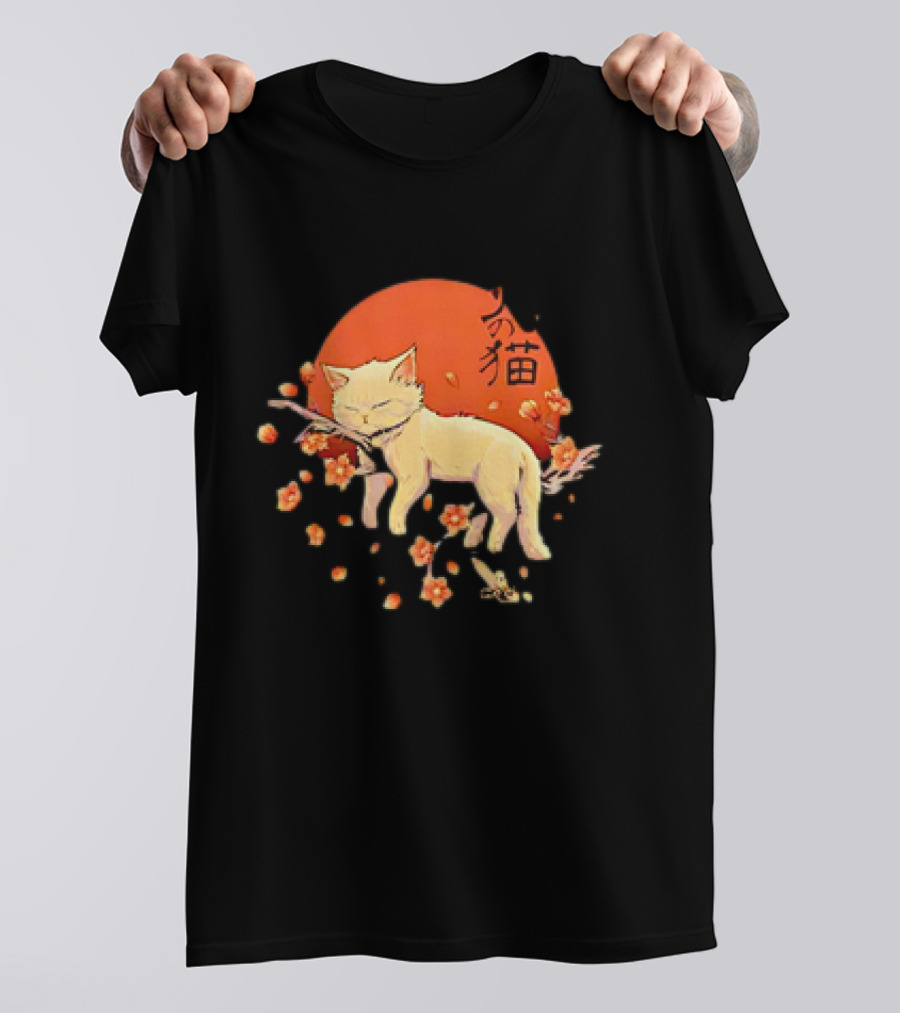 Sleeping Cat With Blossoms Under Red Sun T-Shirt