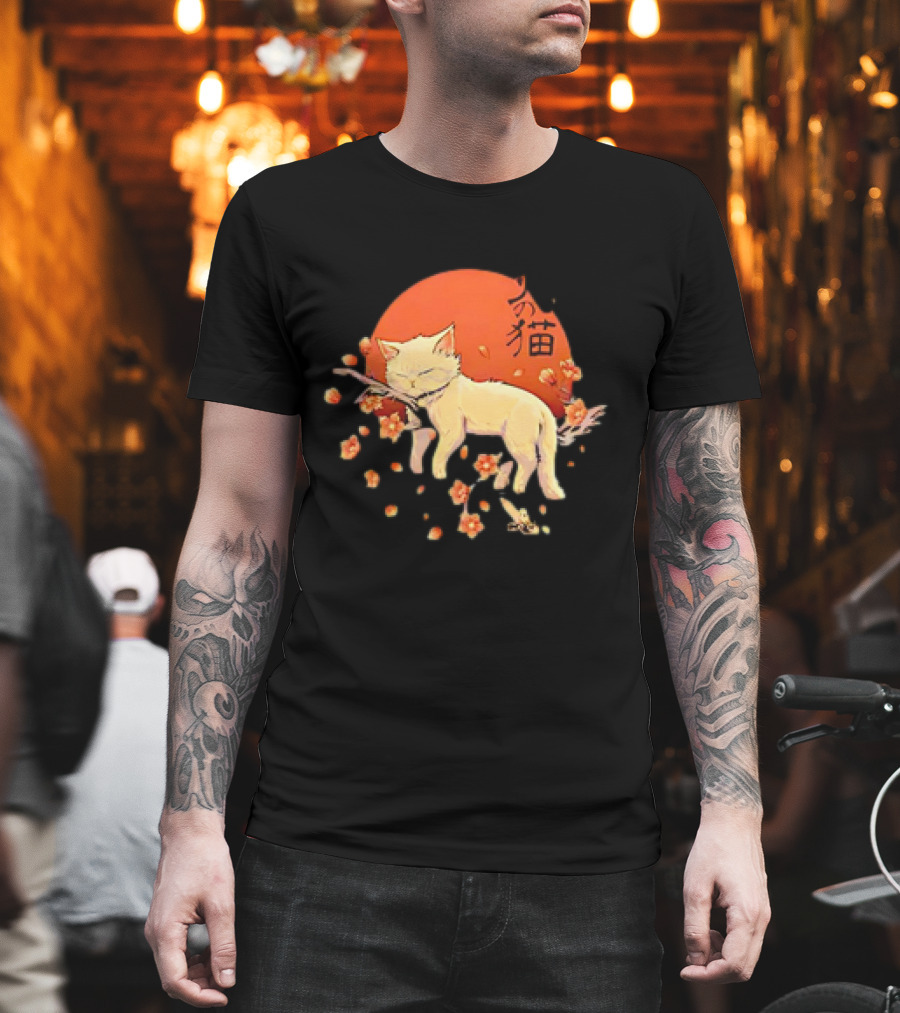 Sleeping Cat With Blossoms Under Red Sun T-Shirt