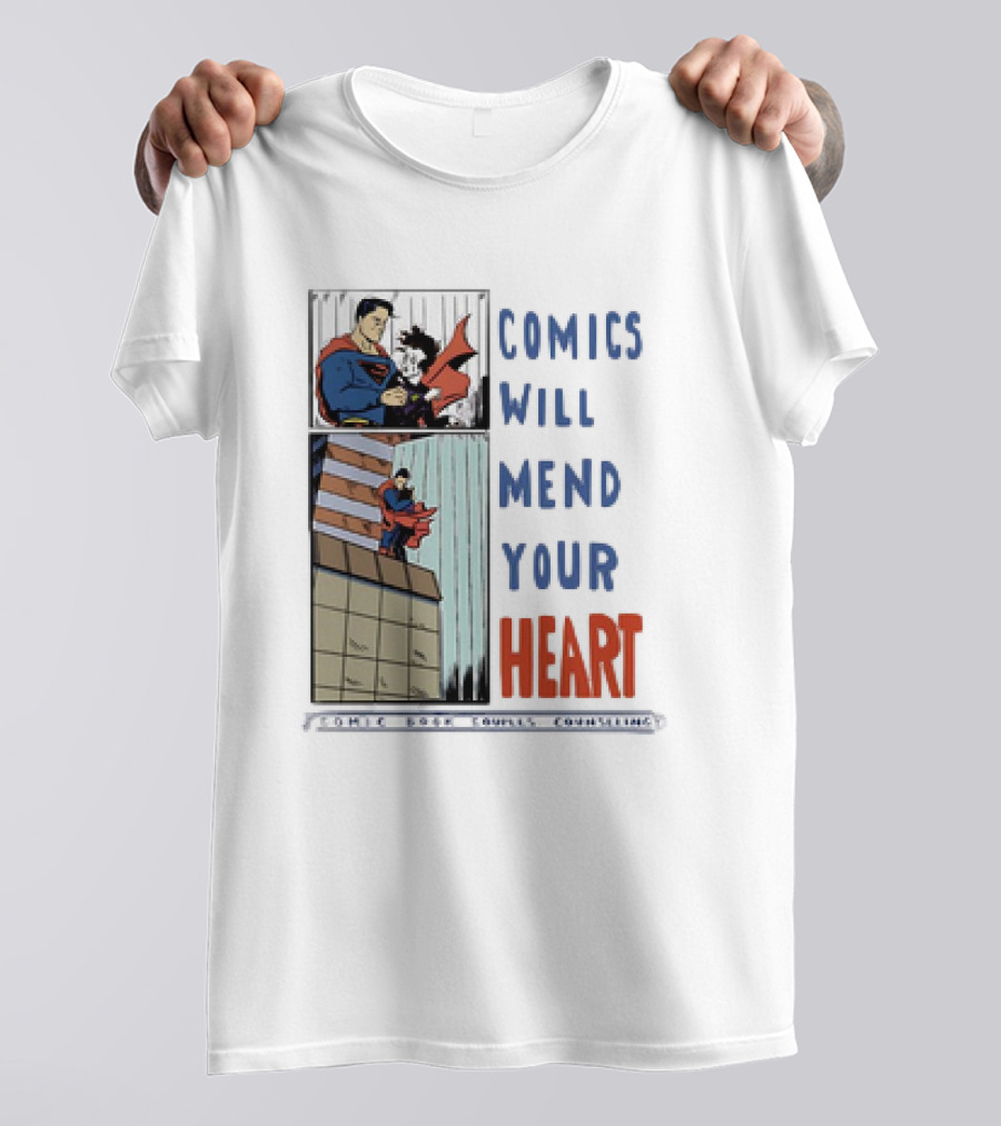 Comics Will Mend Your Heart Comic Book Couples Counseling Iconic Characters Embrace T-Shirt