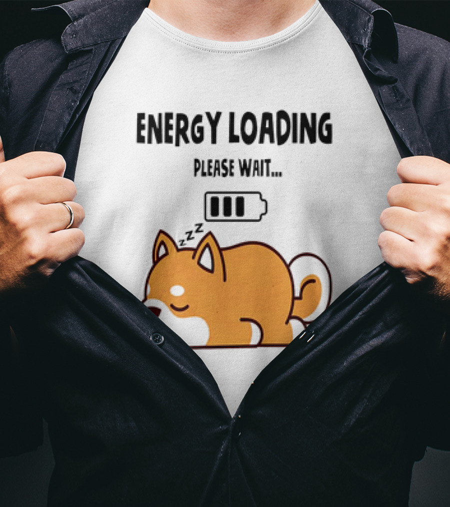 Shiba Inu Energy Loading Please Wait Battery Charging Sleepy Dog T-Shirt