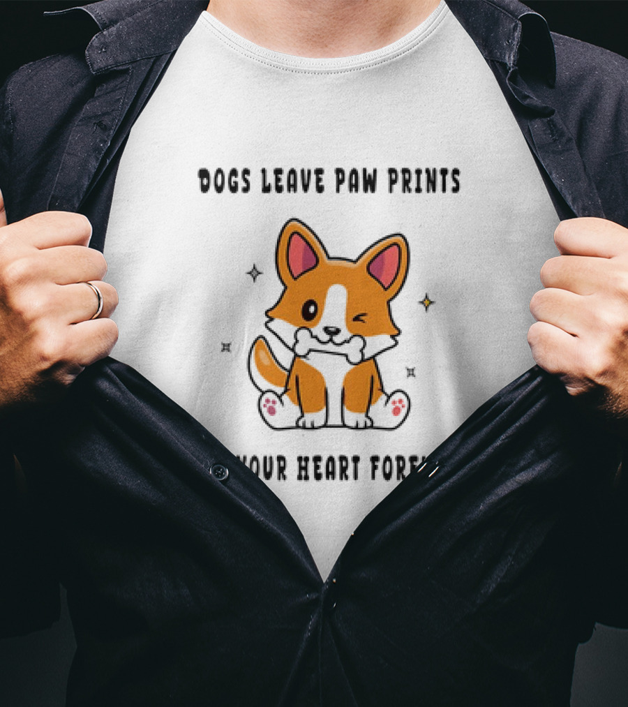 Dogs Leave Paw Prints On Your Heart Forever Shiba Inu Illustration With Bone And Stars T-Shirt