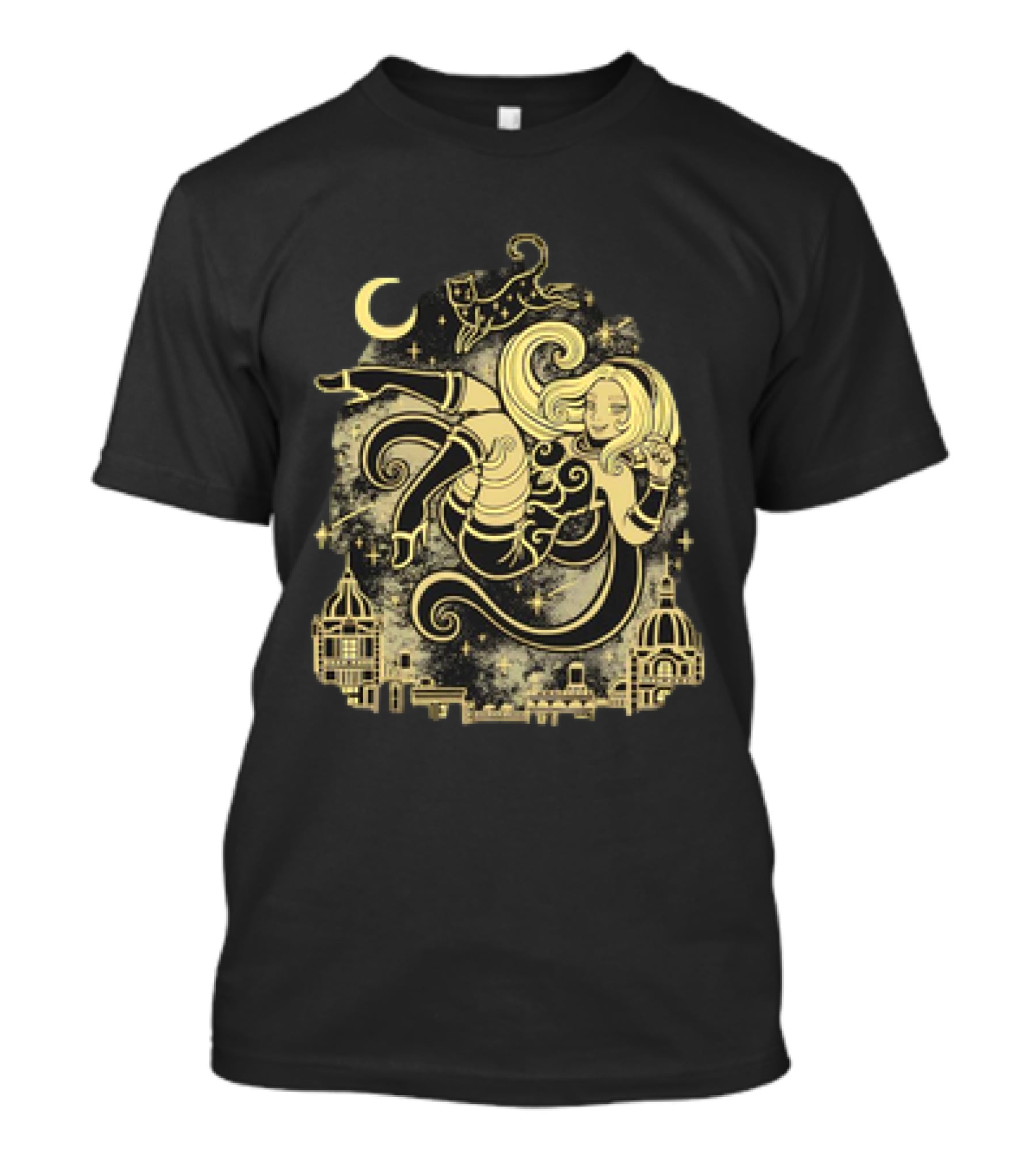 Gravity Rush Floating Cat And Girl In The Sky With Crescent Moon Cityscape T-Shirt
