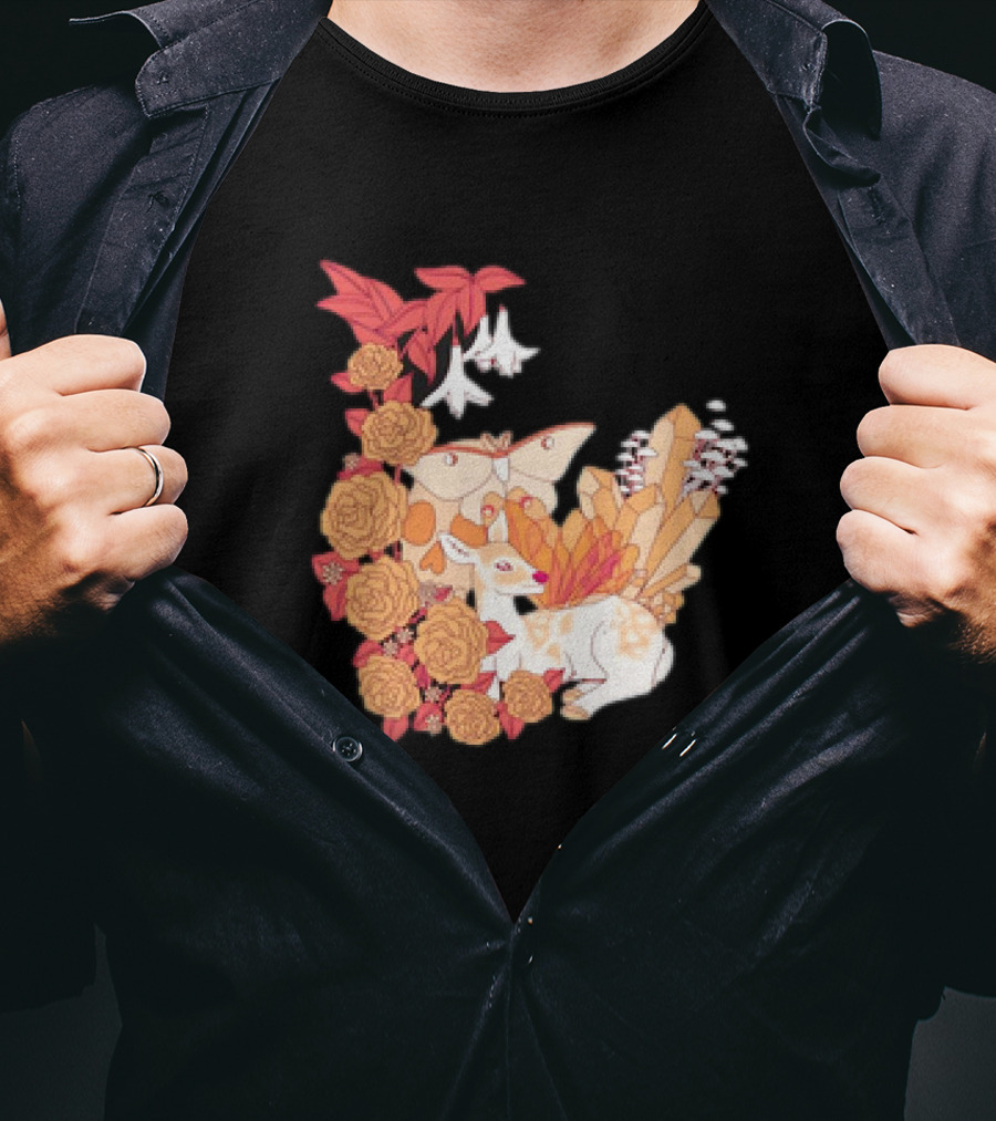 Mystical Forest Fawn Surrounded By Roses And Butterflies T-Shirt