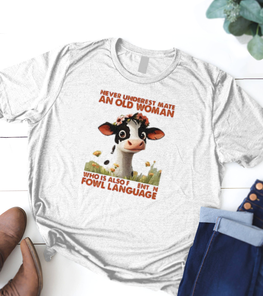 Never Underestimate An Old Woman Fluent In Fowl Language With Cow And Flowers T-Shirt