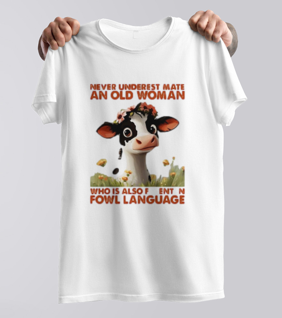 Never Underestimate An Old Woman Fluent In Fowl Language With Cow And Flowers T-Shirt