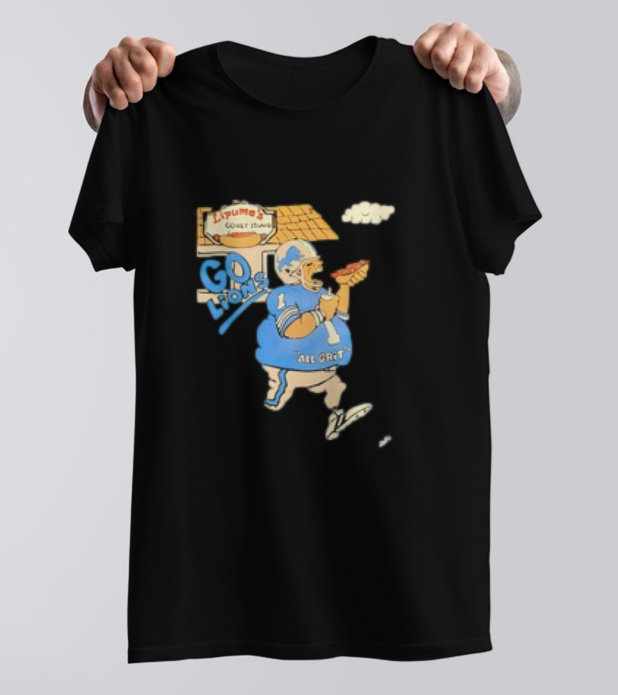 Lipuma’s Coney Island Go Lions All Grit Detroit Lions Football Player Eating Hot Dog T-Shirt