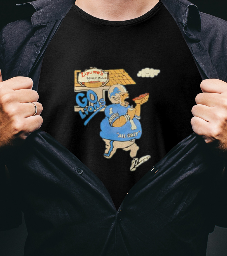 Lipuma’s Coney Island Go Lions All Grit Detroit Lions Football Player Eating Hot Dog T-Shirt