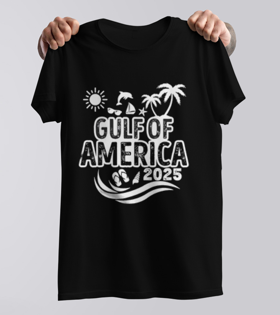 Gulf Of America 2025 Sun Palm Trees Dolphin Sailboat Sandals Waves T-Shirt