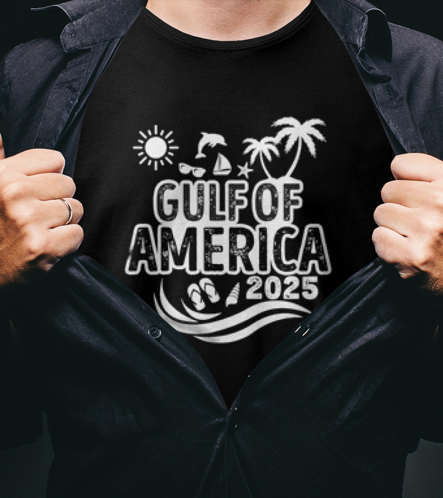 Gulf Of America 2025 Sun Palm Trees Dolphin Sailboat Sandals Waves T-Shirt