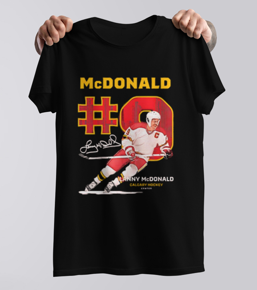 Lanny McDonald #9 Calgary Flames NHL Hockey Throwback Vintage Signature T-Shirt