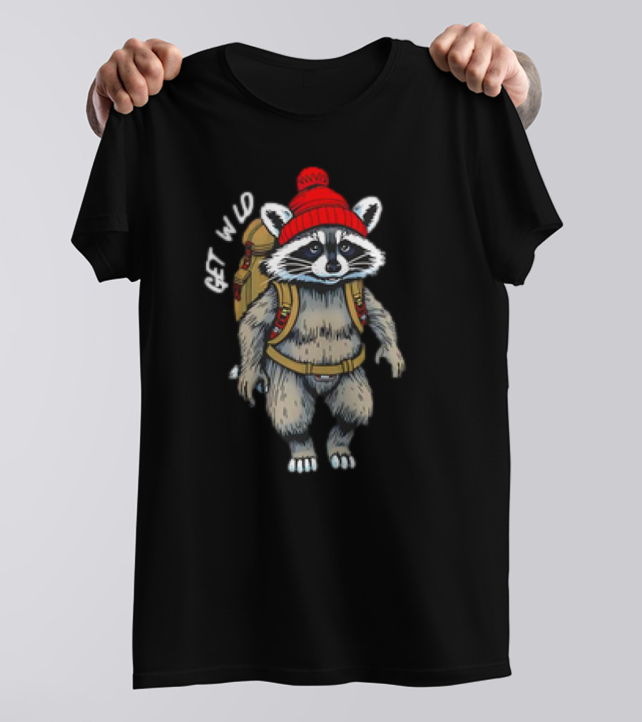 Get Wld Raccoon With Backpack And Red Beanie T-Shirt
