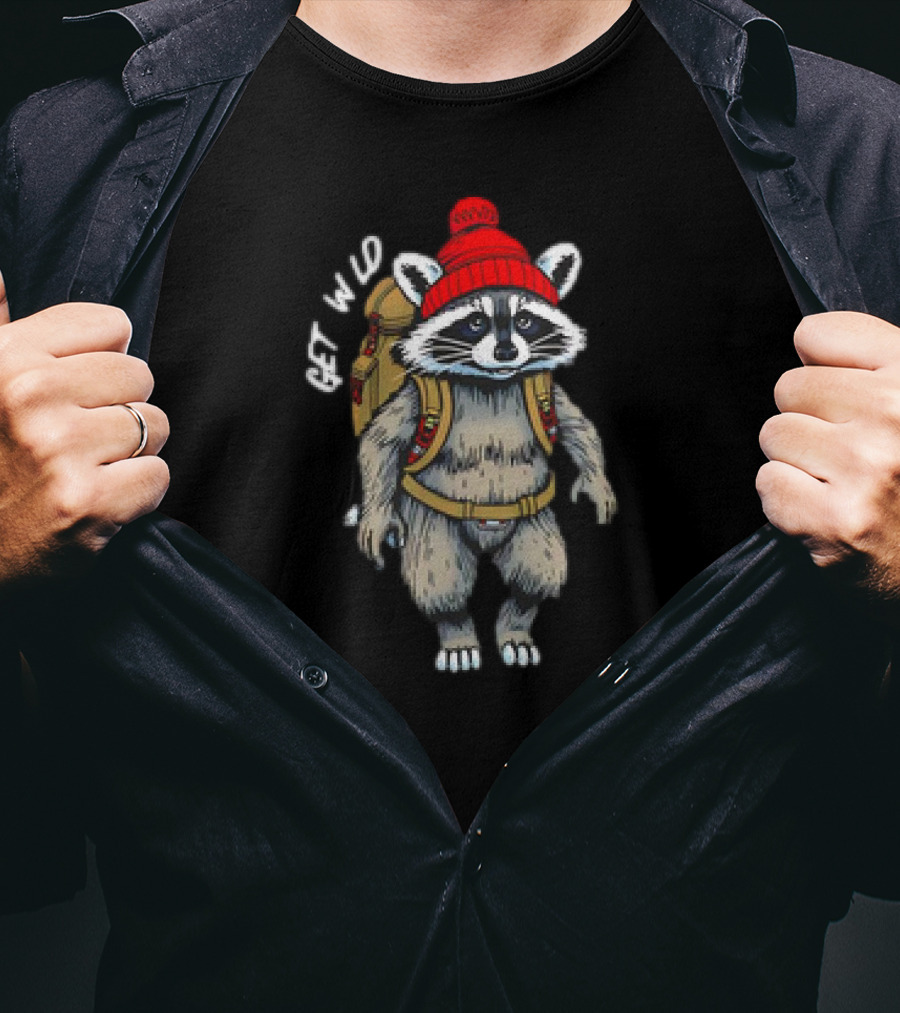 Get Wld Raccoon With Backpack And Red Beanie T-Shirt
