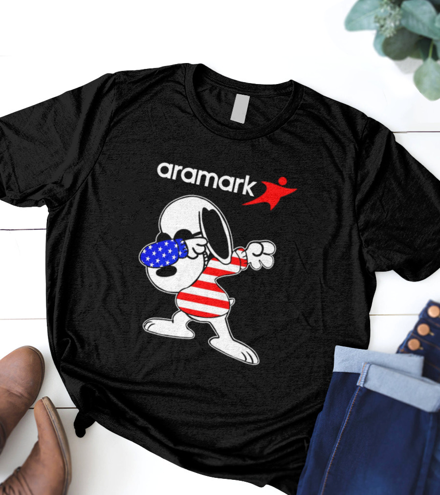 Aramark Snoopy Dabbing American Flag Red White Blue Character T-Shirt