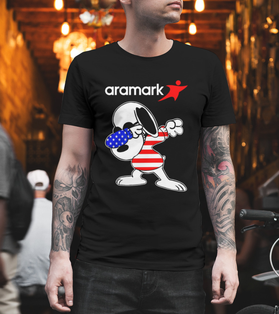 Aramark Snoopy Dabbing American Flag Red White Blue Character T-Shirt