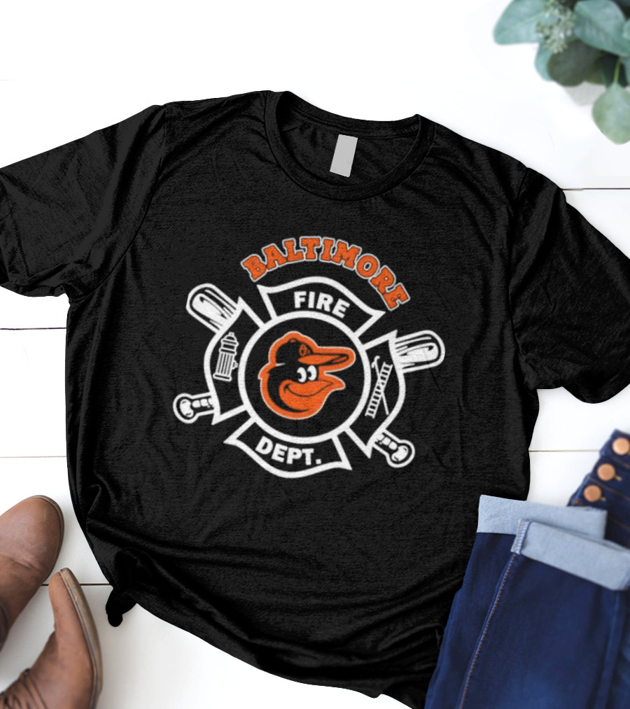 Baltimore Orioles Fire Dept Firefighters Badge Logo With Team Mascot T-Shirt