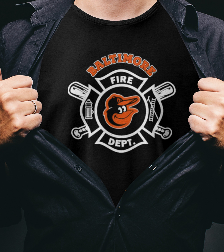 Baltimore Orioles Fire Dept Firefighters Badge Logo With Team Mascot T-Shirt