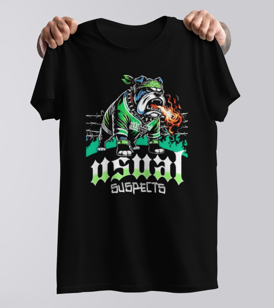 Usual Suspects Bulldog With Fiery Breath And Green Bandana T-Shirt