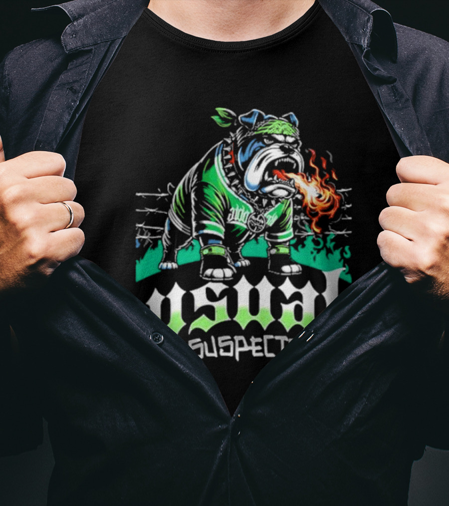 Usual Suspects Bulldog With Fiery Breath And Green Bandana T-Shirt