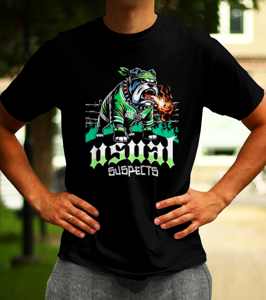 Usual Suspects Bulldog With Fiery Breath And Green Bandana T-Shirt