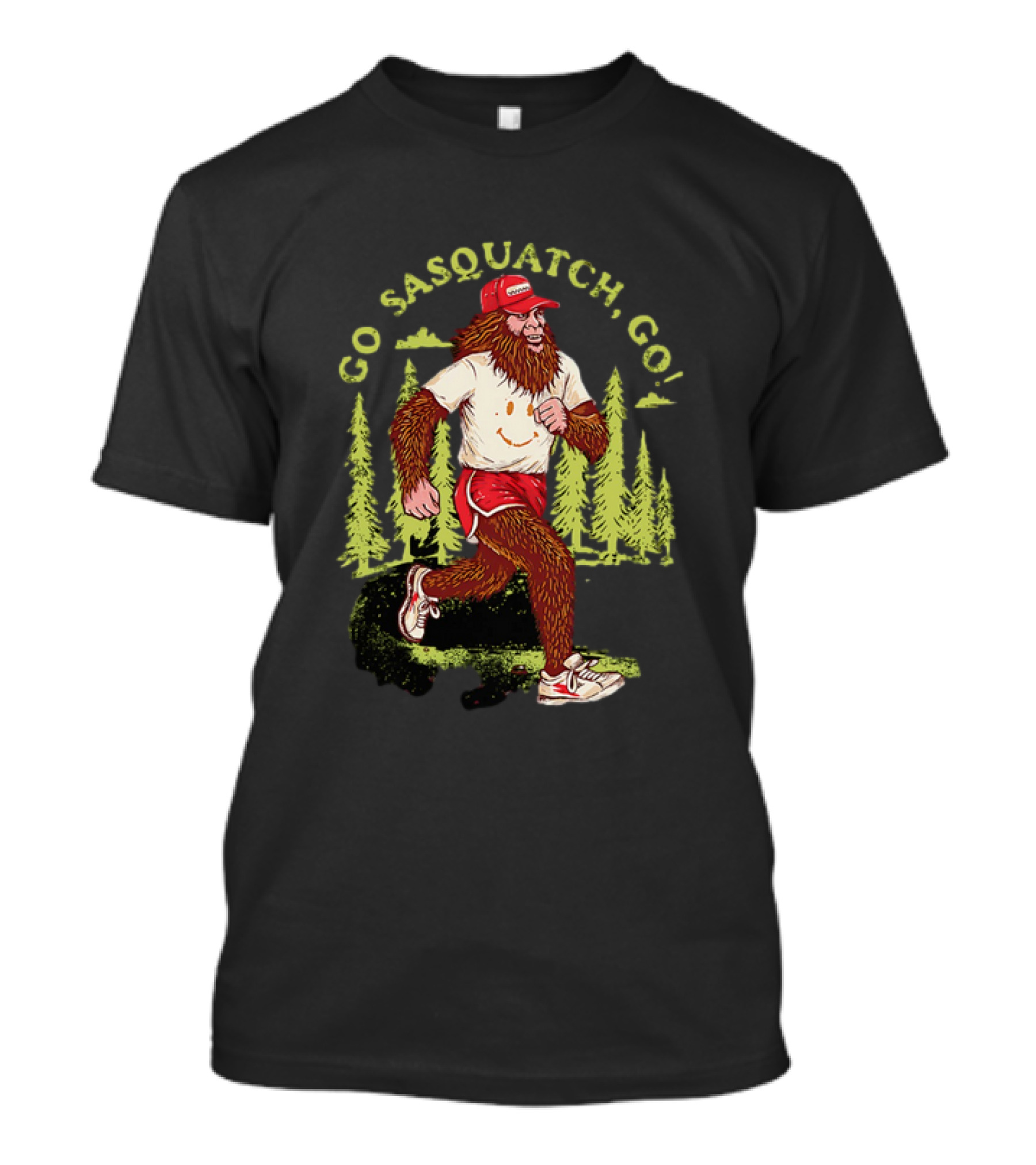 Go Sasquatch Go Bigfoot Jogging In Forest With Red Cap And Sneakers T-Shirt