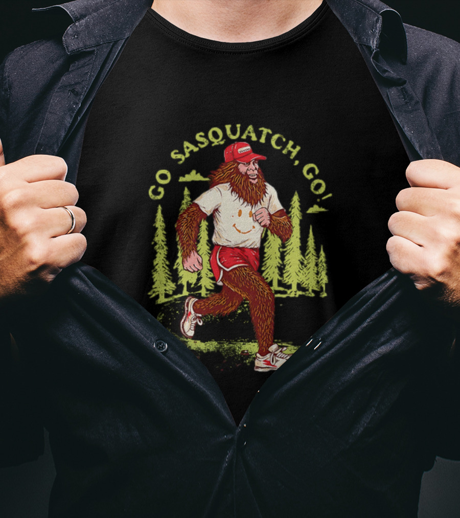 Go Sasquatch Go Bigfoot Jogging In Forest With Red Cap And Sneakers T-Shirt