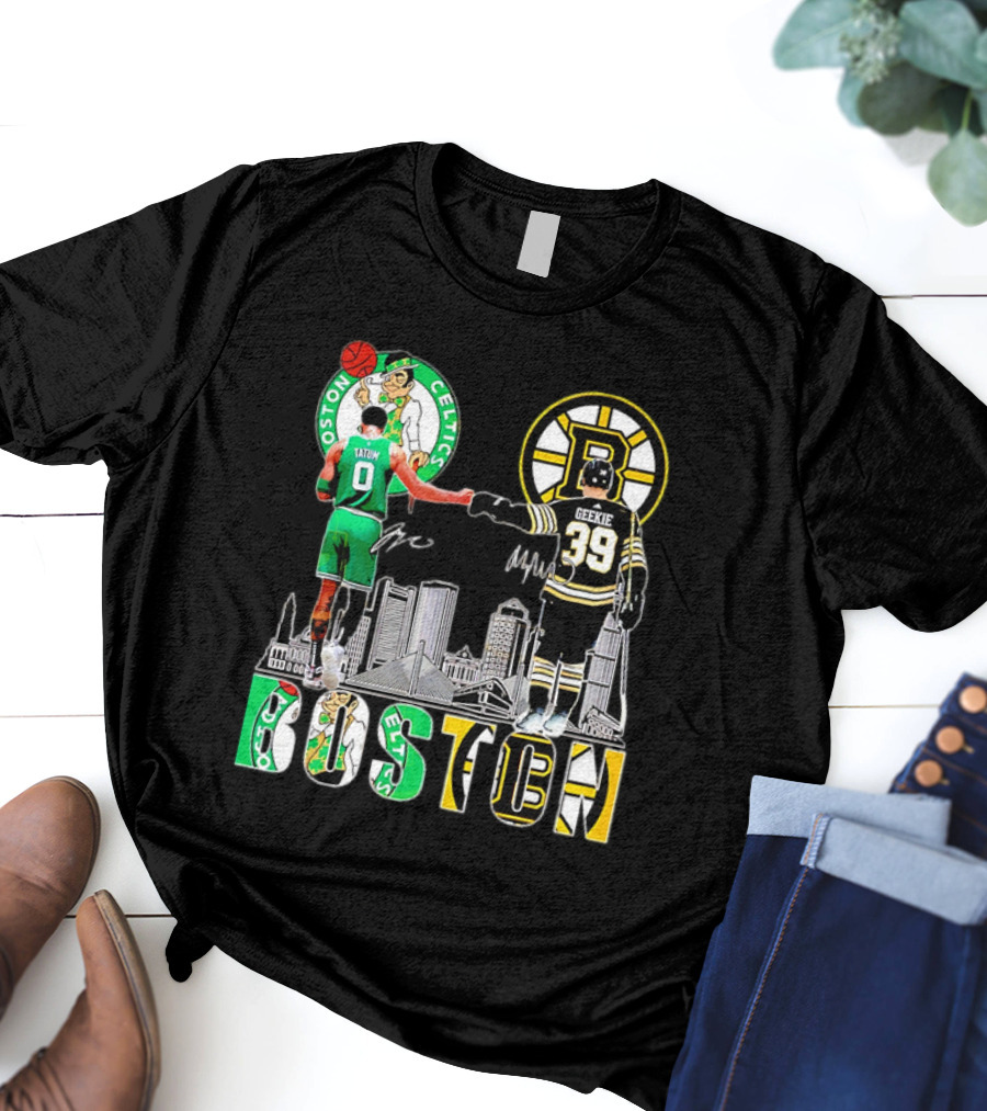 Boston Celtics Jayson Tatum Boston Bruins Morgan Geekie Signatures Skyline T-Shirt