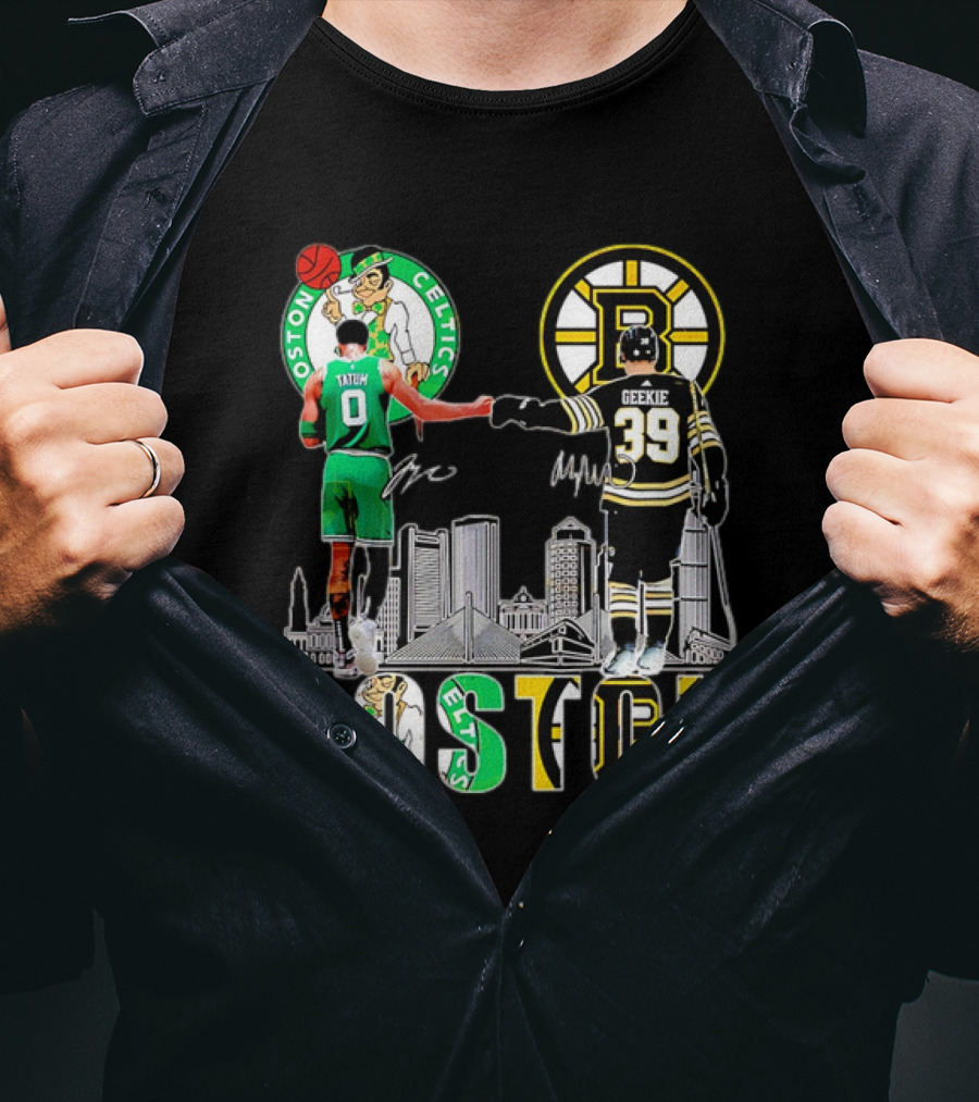 Boston Celtics Jayson Tatum Boston Bruins Morgan Geekie Signatures Skyline T-Shirt